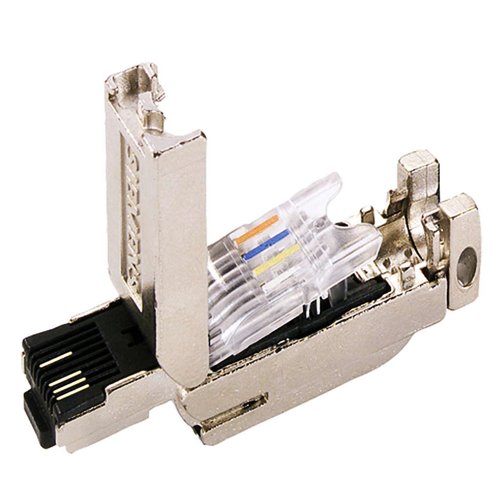 IE FC CONECTOR RJ45  PLUG 180 2X2 (10/100MBIT/S) C/ CAJA DE METAL ROBUSTA Y TECNOLOGIA DE CONEX. FC  P/ CABLE IE FC 2X2 SALIDA CABLE 180º