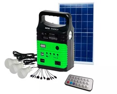 GENERADOR ENERGIA SOLAR PORTATIL 10W BATERIA 3.7V /7.5AH (28W/H) PANEL POLICRISTALINO 1X10W 6V + 5MTS DE CABLE, CARGA 5HS, AUTONOMÍA 24HS, ALIM. 220V P/RECARGAR BATERIA, SALIDAS: 4X 12V, 1 USB C/CABLE, 2 LAMPARAS LED 1W, 1 LAMPARA LED 3W, 3MTS DE CABLE X LAMPARA, LECTOR TARJETA SD, LECTOR USB, RADIO, LINTERNA