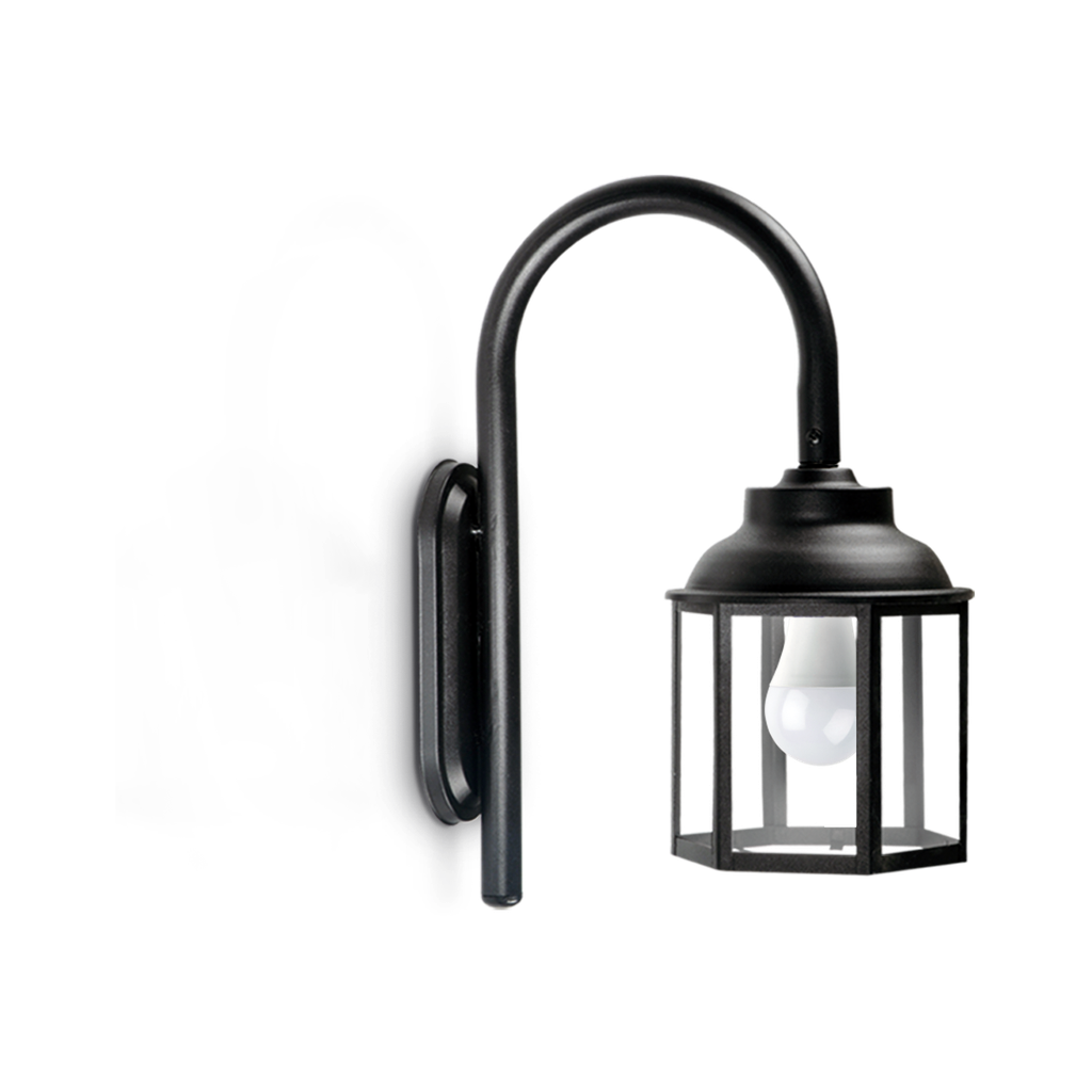 FAROL HEXAGONAL C/SOPORTE PARED CRUCETA NEGRO