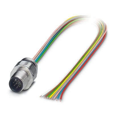 Conect. enchuf. para apar. pared delant., Universal, 8P, Conector macho, recto, M12-Estándar, codificación: A, a extremo de cable libre, Montaje frontal, Pg9, Hilos trenzados individuales, longitud de cable: 0,5M