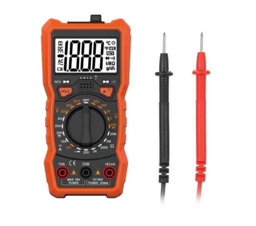 [123517] MULTIMETRO DIGITAL DISPLAY 3-5/6 DIG  ALCANCES: TENSION h/ 600VCA/VCC,  CORR h/ 10Acc, RESIST h/ 20MΩ, TEMP.: -20/1000ºC, PRUEBA DE DIODOS Y TRANSIST hFe, CONTINUIDAD Y BUZZER, RETEN. DE LECTURA, BACKLIGHT, DET DE TENS SIN CONTACTO NCV, LINTERNA, Cat III 600V  (EX DT33C)