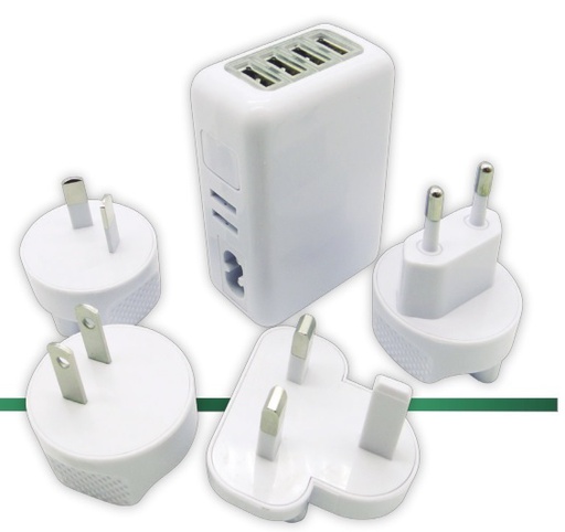 [100841] (H.A.S.) CARGADOR UNIVERSAL ADAPTADOR VIAJERO USB C/FICHAS INTERCAMBIABLES 4 PUERTOS USB POTENCIA MAX 2000W ENTRADA: 110/220V 50/60HZ 300mA (4 PUERTOS USB SALIDA 5V 2.1A)